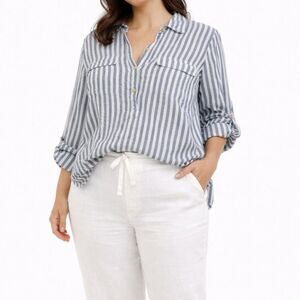 Ellen Tracy 100% Linen Blue White Stripe Button Shirt Roll Tab Sleeves L Coastal